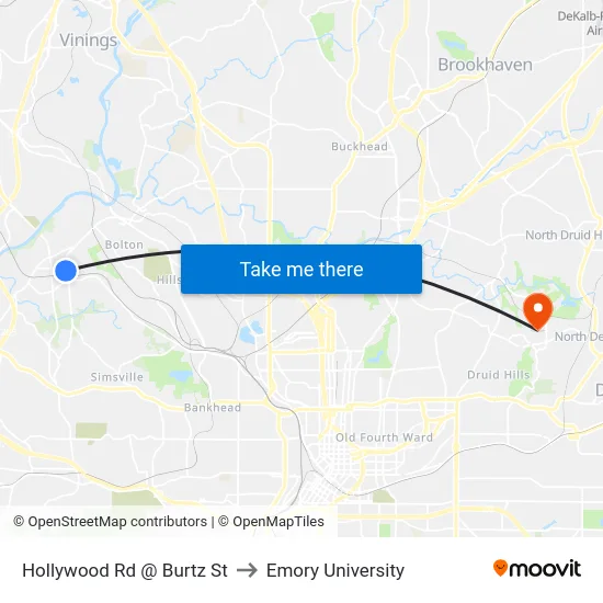 Hollywood Rd @ Burtz St to Emory University map