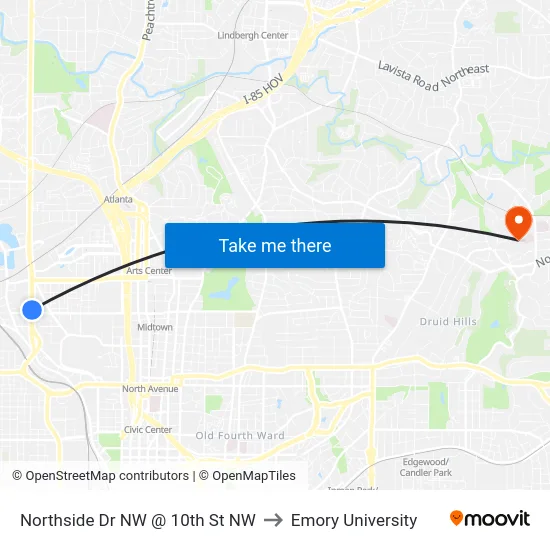 Northside Dr NW @ 10th St NW to Emory University map