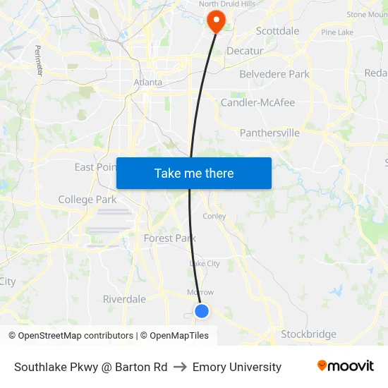 Southlake Pkwy @ Barton Rd to Emory University map