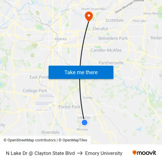 N Lake Dr @ Clayton State Blvd to Emory University map