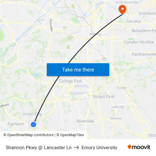 Shannon Pkwy @ Lancaster Ln to Emory University map