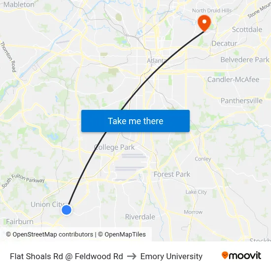 Flat Shoals Rd @ Feldwood Rd to Emory University map