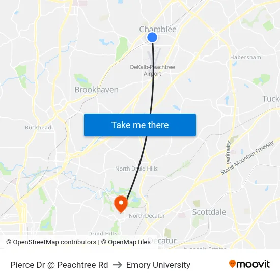 Pierce Dr @ Peachtree Rd to Emory University map