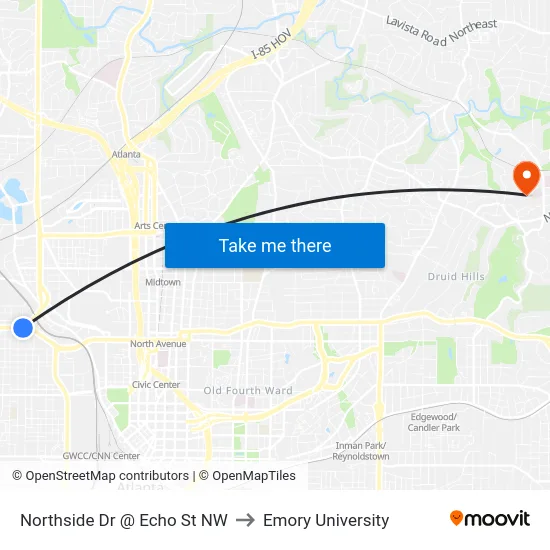 Northside Dr @ Echo St NW to Emory University map