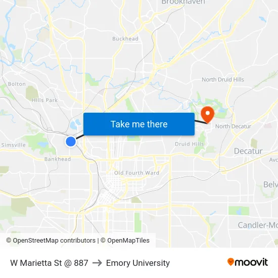 W Marietta St @ 887 to Emory University map