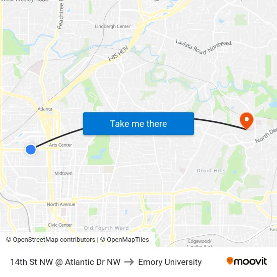 14th St NW @ Atlantic Dr NW to Emory University map