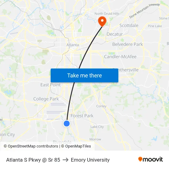 Atlanta S Pkwy @ Sr 85 to Emory University map
