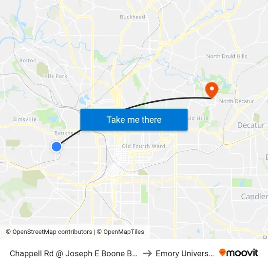 Chappell Rd @ Joseph E Boone Blvd to Emory University map