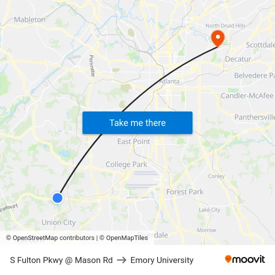 S Fulton Pkwy @ Mason Rd to Emory University map
