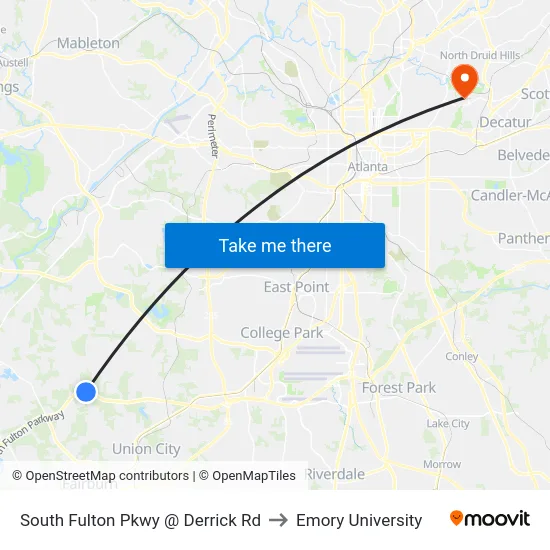 South Fulton Pkwy @ Derrick Rd to Emory University map