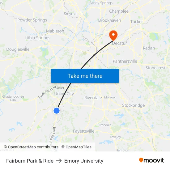 Fairburn Park & Ride to Emory University map