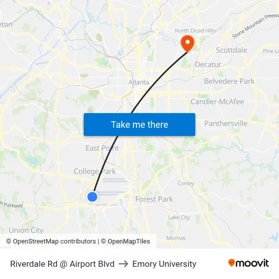 Riverdale Rd @ Airport Blvd to Emory University map