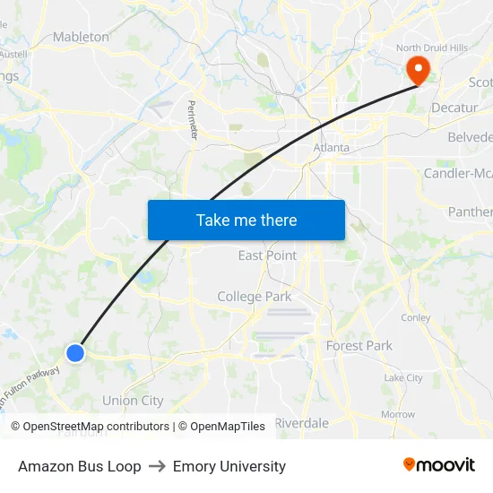 Amazon Bus Loop to Emory University map