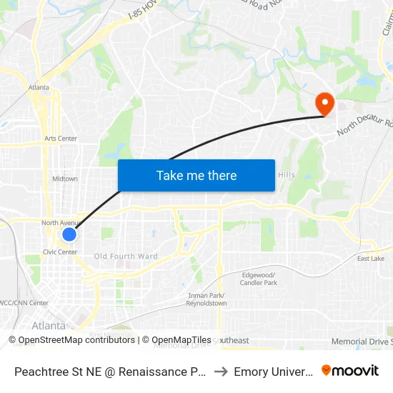 Peachtree St NE @ Renaissance Pky NE to Emory University map