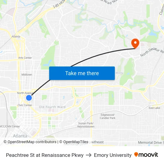 Peachtree St at Renaissance Pkwy to Emory University map