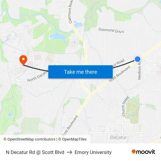 N Decatur Rd @ Scott Blvd to Emory University map