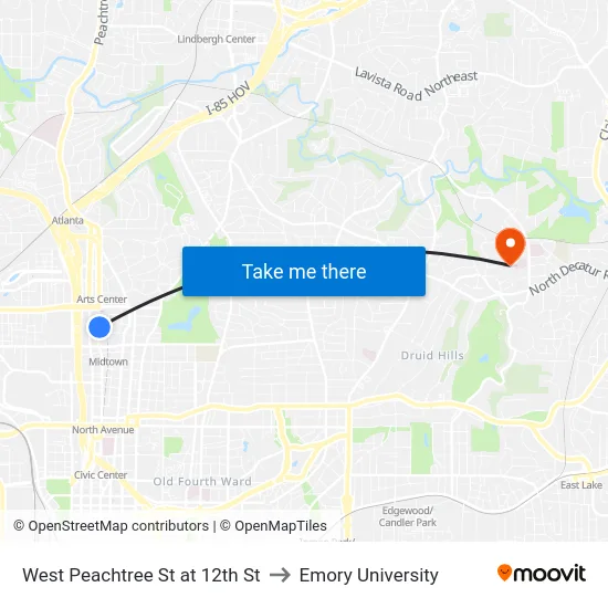West Peachtree St at 12th St to Emory University map