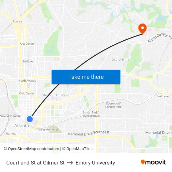Courtland St at Gilmer St to Emory University map