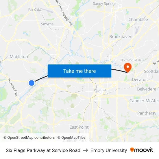 Six Flags Parkway at Service Road to Emory University map