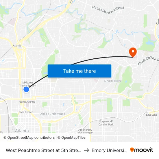 West Peachtree Street at 5th Street to Emory University map