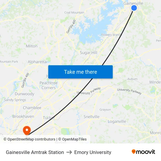 Gainesville Amtrak Station to Emory University map