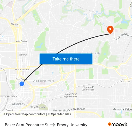 Baker St at Peachtree St to Emory University map