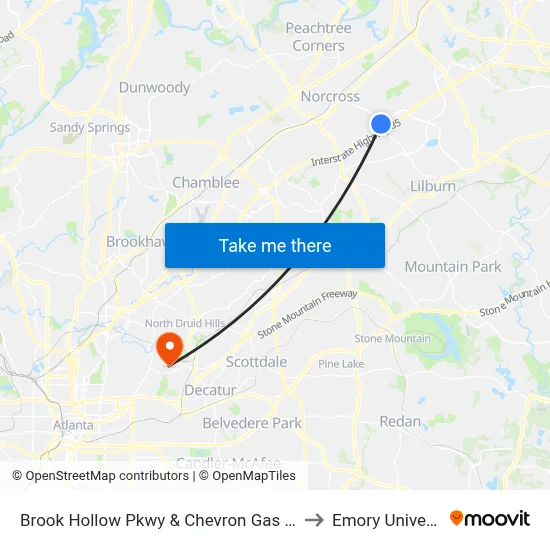 Brook Hollow Pkwy & Chevron Gas Station to Emory University map