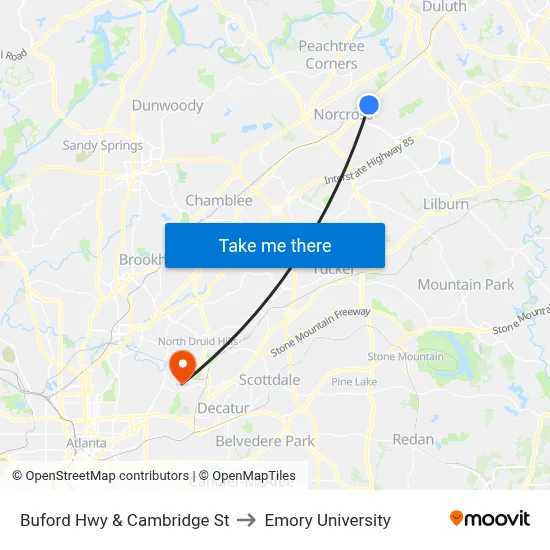 Buford Hwy & Cambridge St to Emory University map