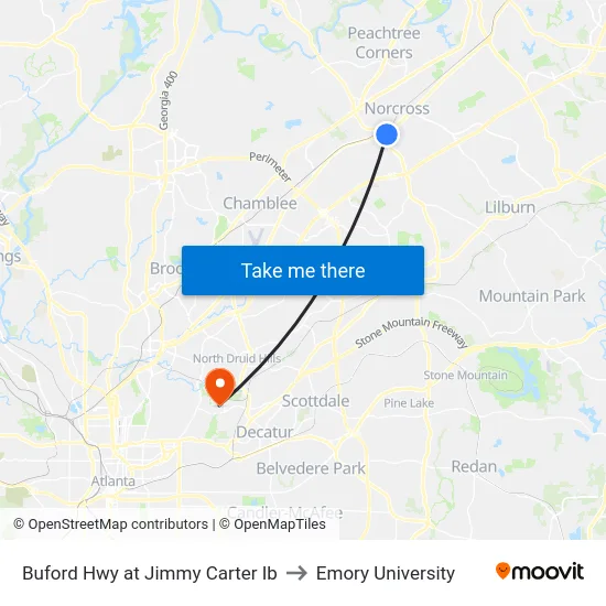 Buford Hwy at Jimmy Carter Ib to Emory University map