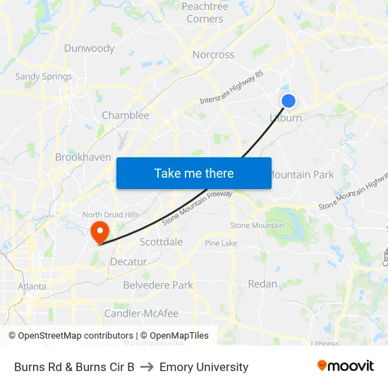 Burns Rd & Burns Cir B to Emory University map