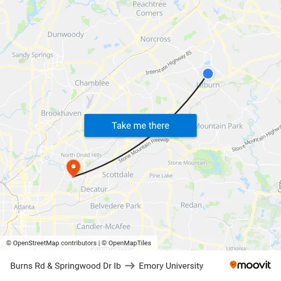 Burns Rd & Springwood Dr Ib to Emory University map