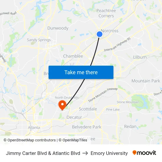 Jimmy Carter Blvd & Atlantic Blvd to Emory University map
