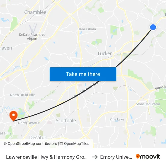 Lawrenceville Hwy & Harmony Grove Rd Ib to Emory University map