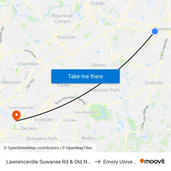 Lawrenceville Suwanee Rd & Old Norcross to Emory University map