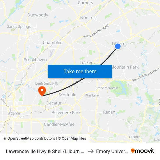 Lawrenceville Hwy & Shell/Lilburn Animal to Emory University map