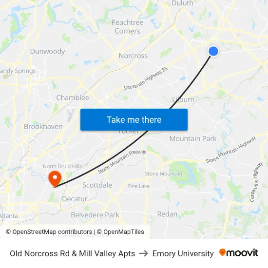 Old Norcross Rd & Mill Valley Apts to Emory University map
