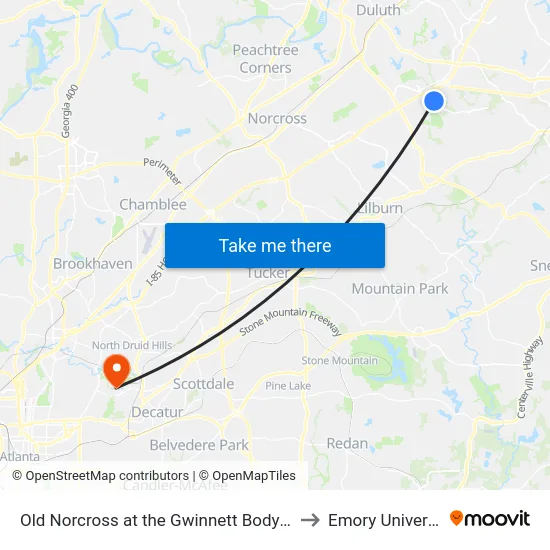 Old Norcross at the Gwinnett Body Shop to Emory University map