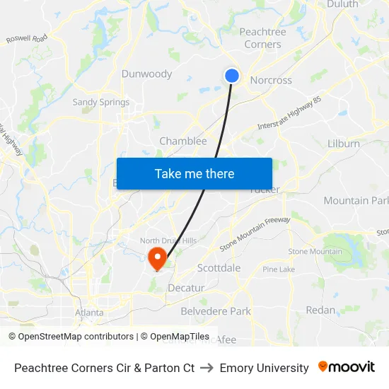 Peachtree Corners Cir & Parton Ct to Emory University map