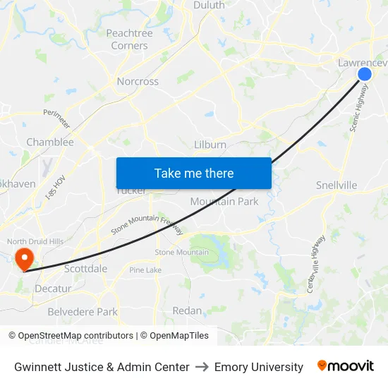 Gwinnett Justice & Admin Center to Emory University map