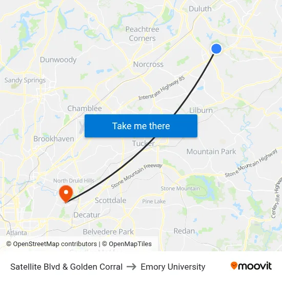 Satellite Blvd & Golden Corral to Emory University map