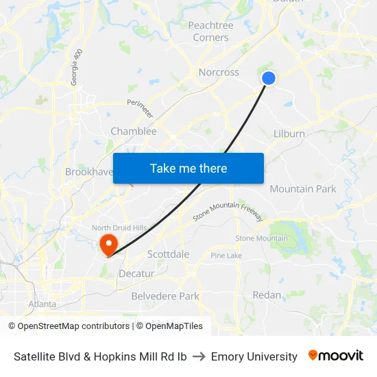 Satellite Blvd & Hopkins Mill Rd Ib to Emory University map