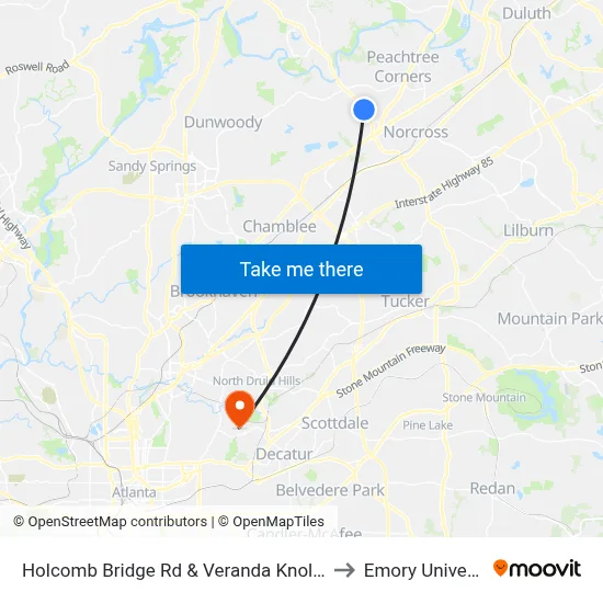 Holcomb Bridge Rd & Veranda Knolls Apts to Emory University map