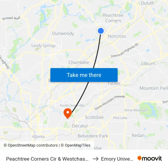 Peachtree Corners Cir & Westchase Villge to Emory University map