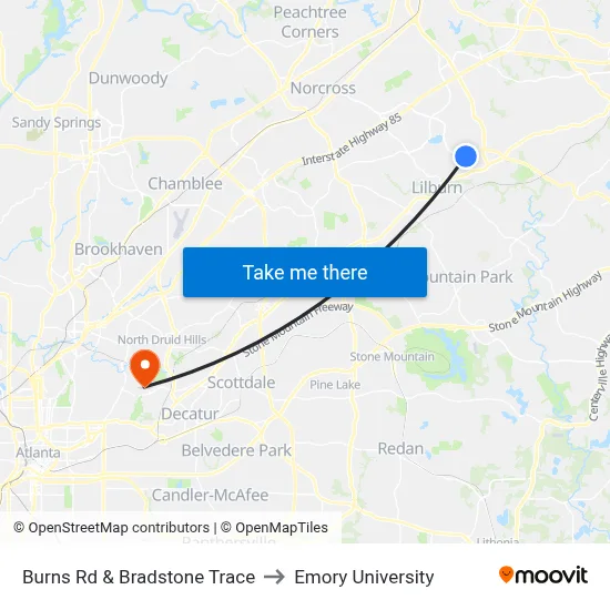 Burns Rd & Bradstone Trace to Emory University map