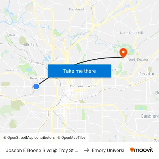 Joseph E Boone Blvd @ Troy St NW to Emory University map