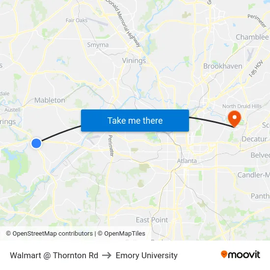 Walmart @ Thornton Rd to Emory University map