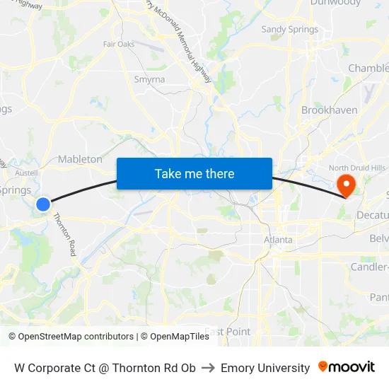 W Corporate Ct @ Thornton Rd Ob to Emory University map