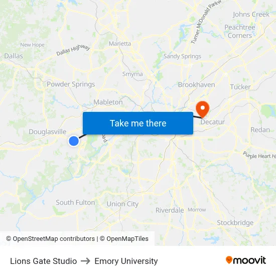 Lions Gate Studio to Emory University map