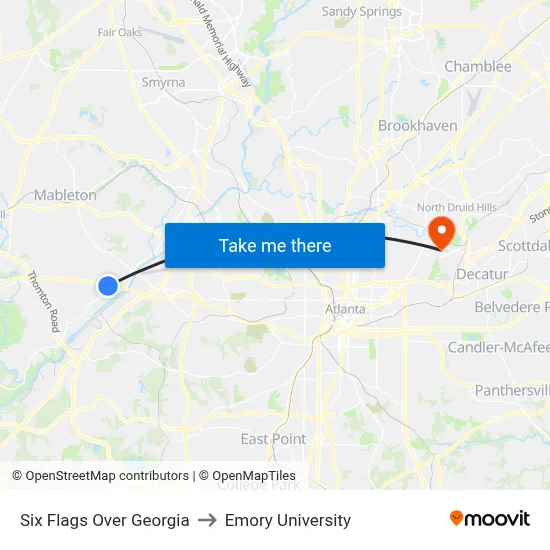 Six Flags Over Georgia to Emory University map