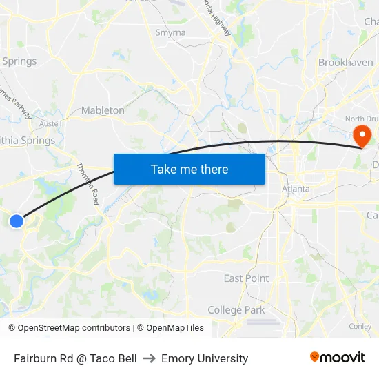Fairburn Rd @ Taco Bell to Emory University map